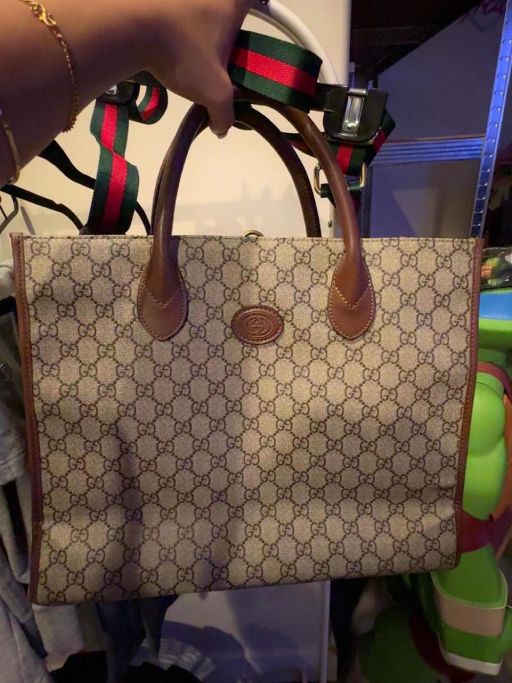 Gucci Beige GG Supreme Tote with Brown Leather Trim and Green-Red Strap
